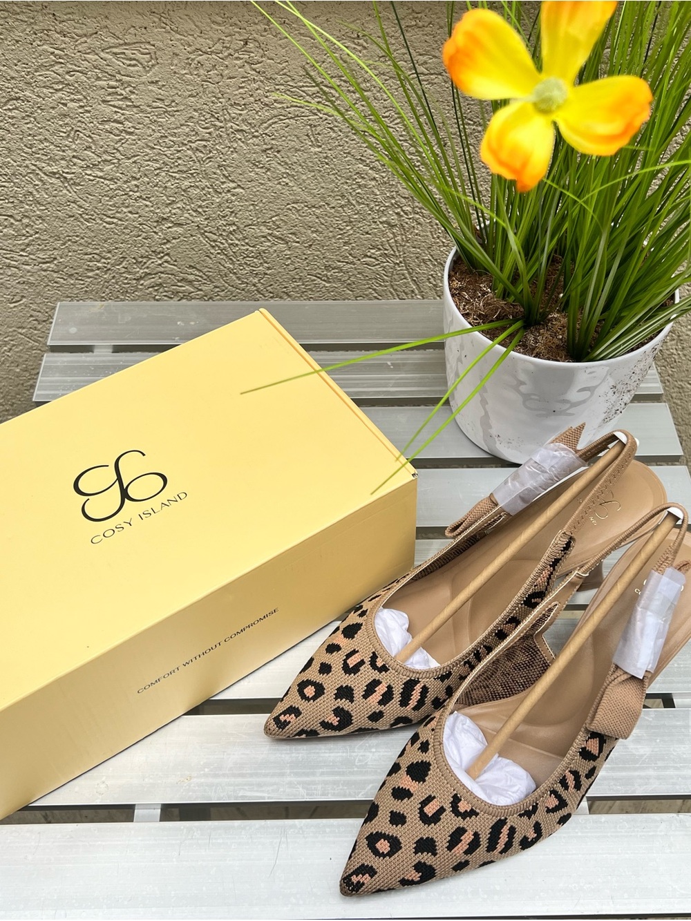 Leopard Knit Slingback Heels - Beige/Black - Picture 3 of 5